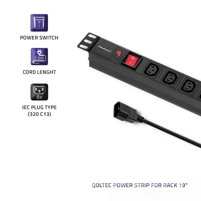 Qoltec power strip for RACK 19" | 1U | 10A | PDU | CB | 8xIEC C13 | 2m