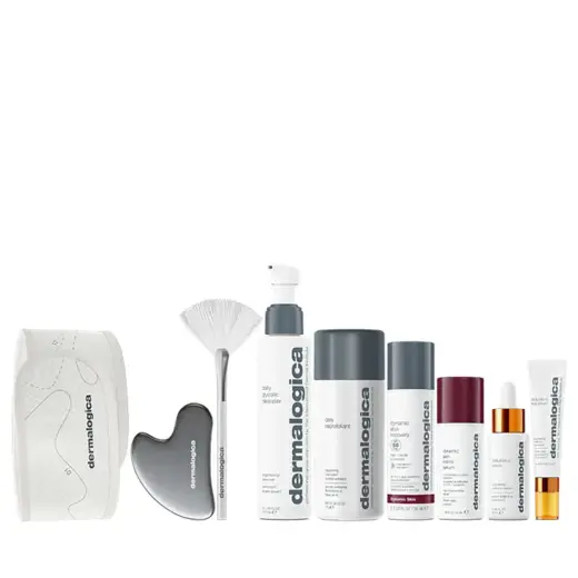 The Expertise Kit Set Dermalogica: Daily Microfoliant, Exfoliating, Exfoliating Powder, 74 g + Biolumin-C, Illuminating, Eye Serum, 15 ml + Biolumin-C, Vitamin C, Brightening, Serum, For Face, 30 ml + Dynamic Skin, Retinol, Anti-Wrinkle, Serum, For Face, 30 ml +  Daily Glycolic, Cleansing, Cleansing Gel, For Face, 150 ml + Dynamic Skin, Retinol, Anti-Wrinkle, Serum, For Face, SPF 50, 50 ml + Gua Sha , Lifting, Face Massage Stone + Masque Fan, Multi Face Brush + Dermalogica, Hair Band,...