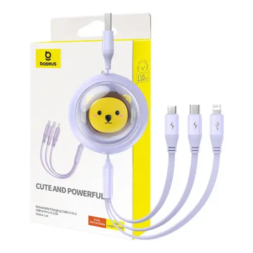 Baseus data transfer and charging cable | USB-A to USB-C, Micro USB, Lightning | 17.5W | 1.1m | purple