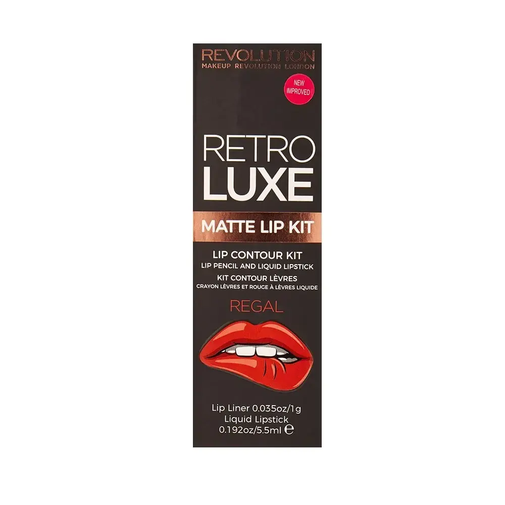 Set Makeup Revolution: Retro Luxe, Lip Liner, Regal, 1 g + Retro Luxe, Matte, Liquid Lipstick, Regal, 5.5 ml
