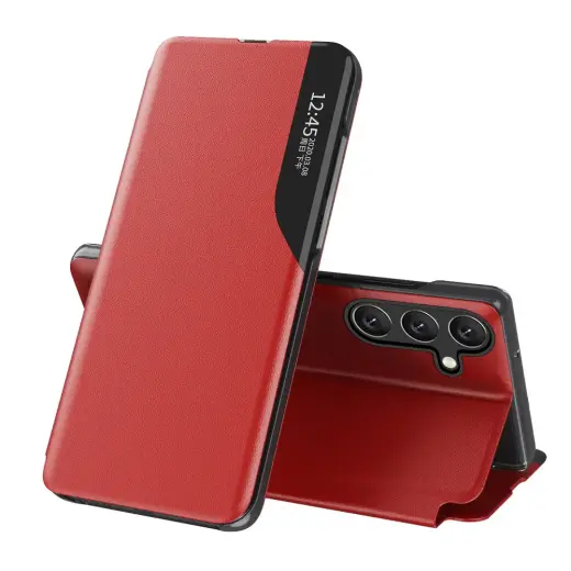 Eco Leather View knyginio tipo telefono dėklas su stovu Samsung Galaxy S25 (S931) raudonas