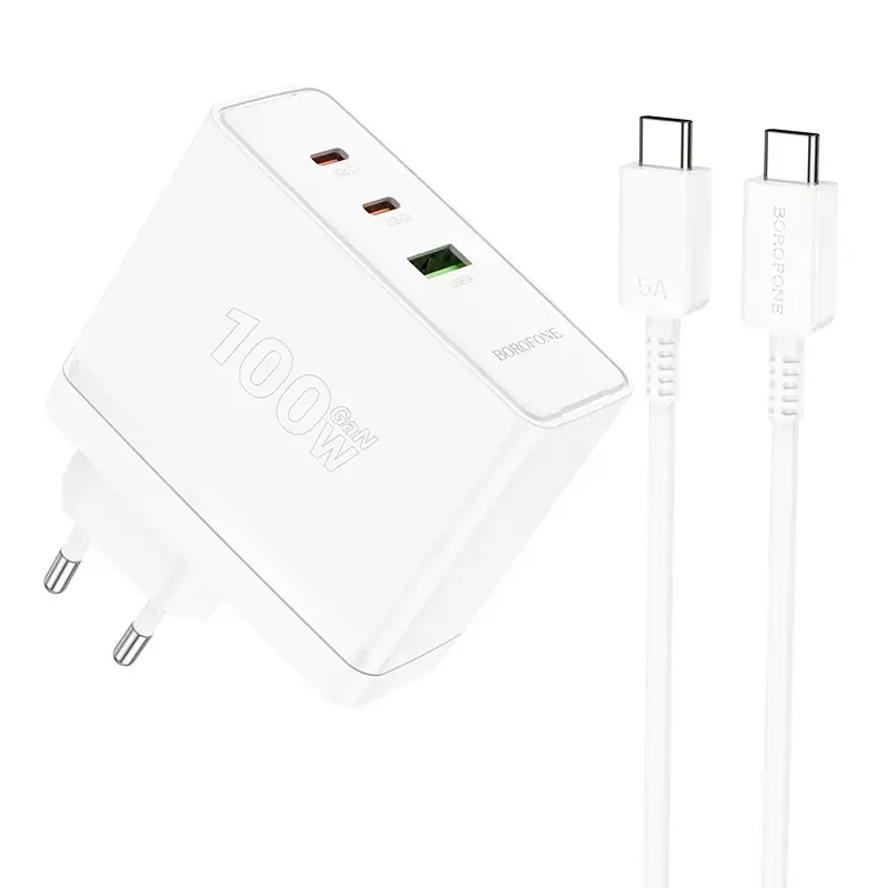 Borofone BN11 зарядное устройство | 100W | QC3.0, PD | USB-A, USB-C | с проводом USB-C на USB-C в комплекте | белое