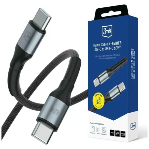 3MK Hyper N-SERIES duomenų perdavimo ir įkrovimo laidas | USB-C į USB-C | PD 3.0, QC 3.0 | 60W | 0.5m | juodas