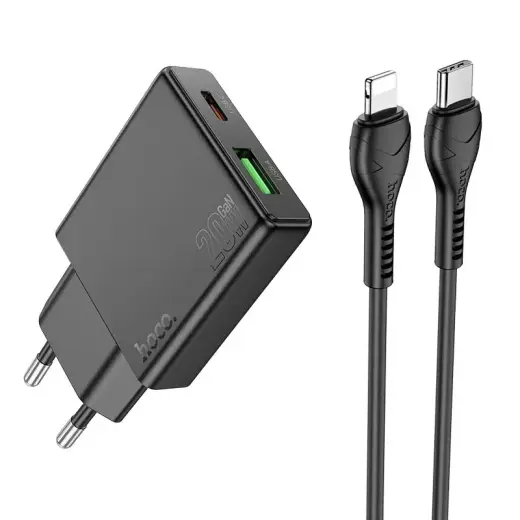 Зарядное устройство HOCO N38 | 20W | PD, QC | USB-C, USB-A | с кабелем USB-C на Lightning в комплекте | чёрное