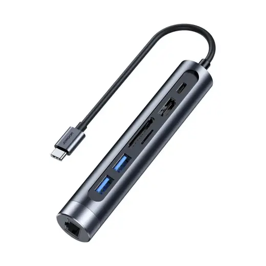 Joyroom Multifunctional USB Hub 7in1 Type C | 2 x USB 3.0 | HDMI 4K 30Hz | RJ-45 | SD Card Reader and Micro SD 100W 15cm gray (S-H111)