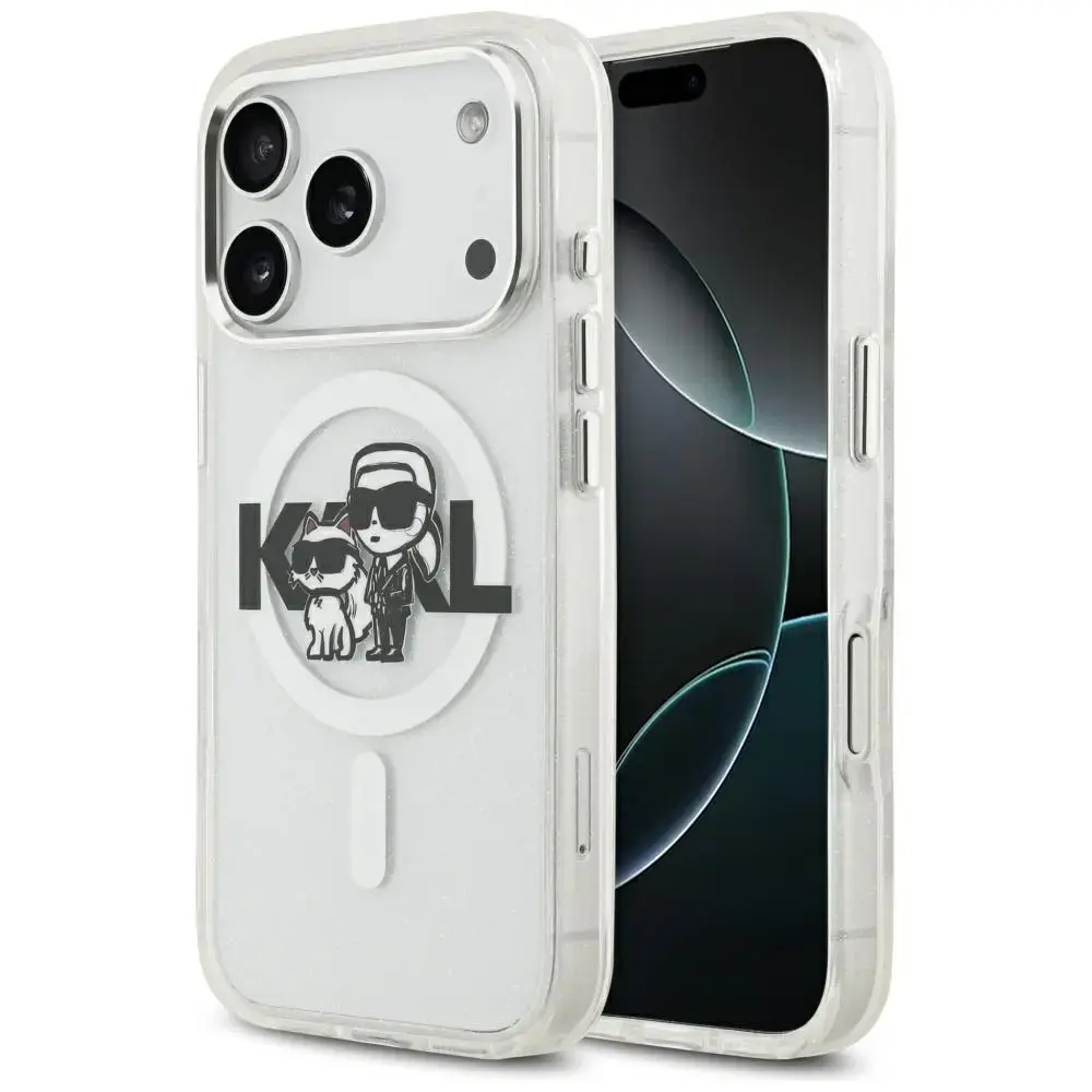 Etui Karl Lagerfeld IML Glitter Karl &    Choupette Sketch Logo MagSafe do iPhone 17 Pro przezroczysty