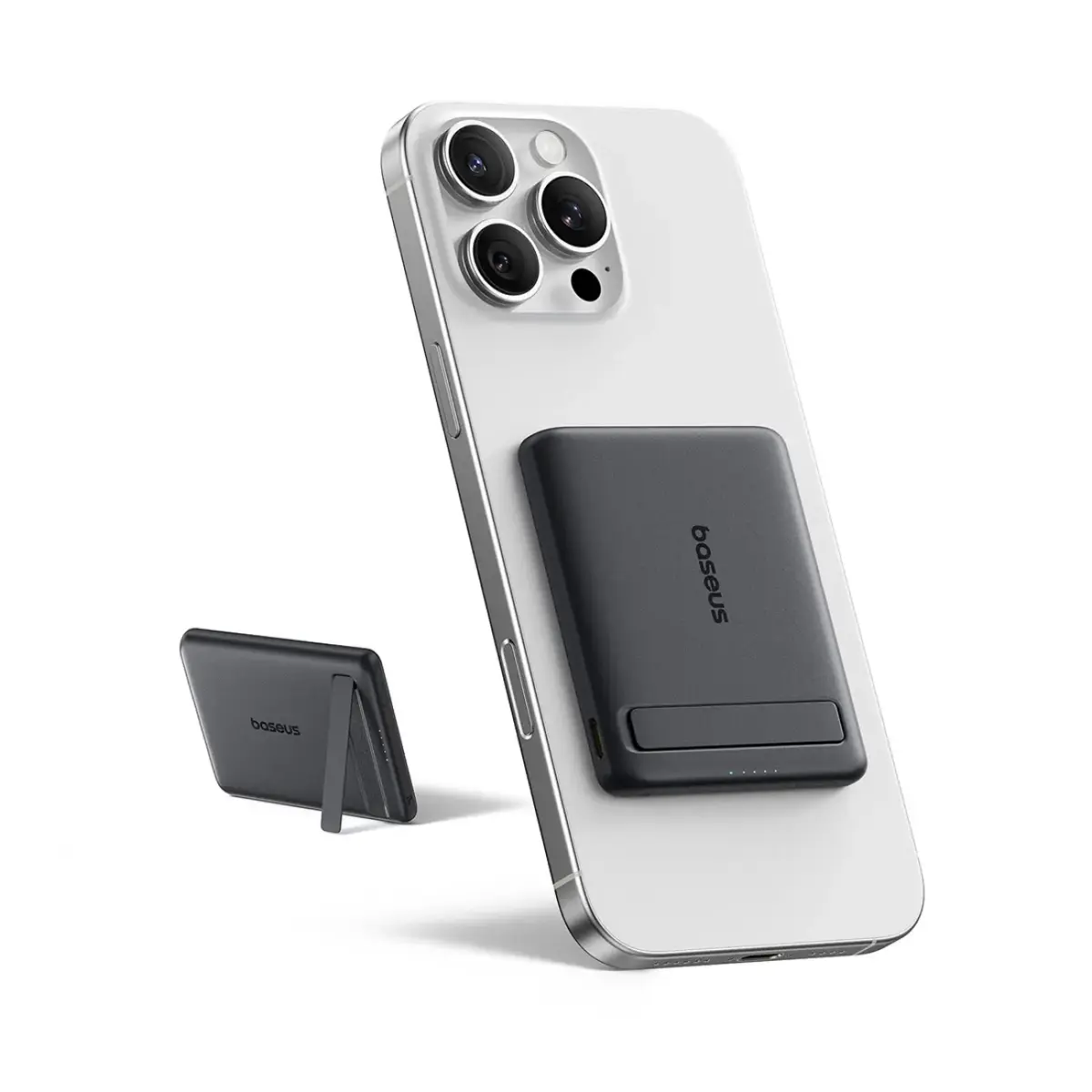 Baseus PicoGo AM31 Qi2 5000mAh 20W MagSafe Compatible Power Bank with Stand (with Black Simple Braided USB-C - USB-C 30cm Cable) - Black