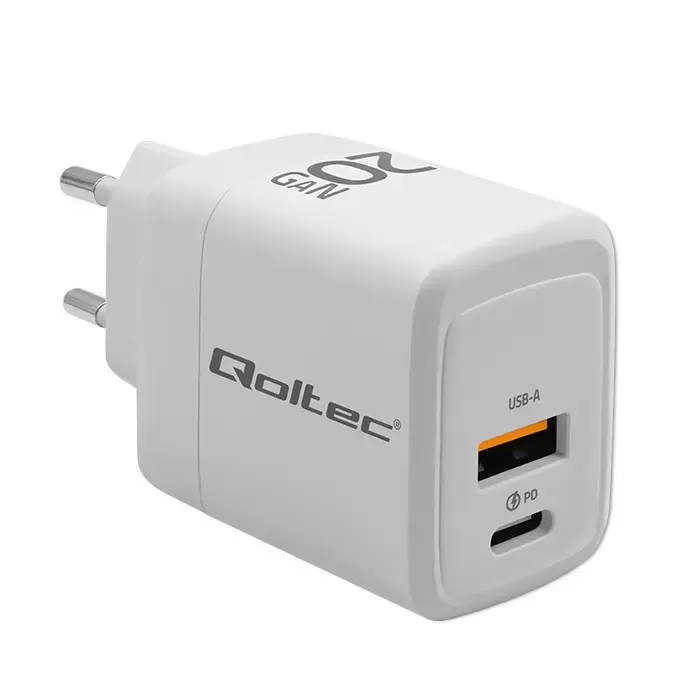 Qoltec Charger tīkla lādētājs | 20W | GaN, PD | USB-C, USB-A