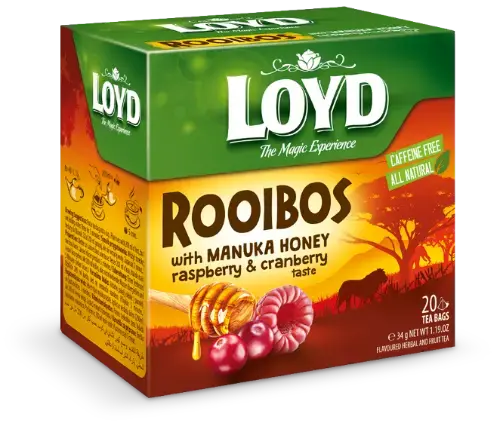 Sarkanā tēja LOYD Pyramids Rooibos ar Manuka medu, avenēm un dzērvenēm, 20x1,7 g