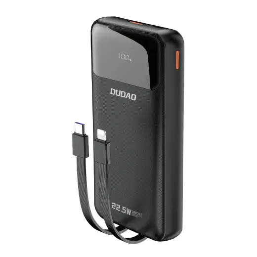 Dudao K15Pro Power Bank 20000mAh 22.5W PD USB-C | USB-A | Built-in Lightning and USB-C Cables - Black