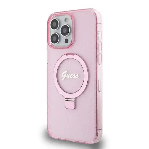 Guess IML Ring Stand Glitter чехол с подставкой и поддержкой MagSafe для телефона iPhone 15 Pro Max розовый