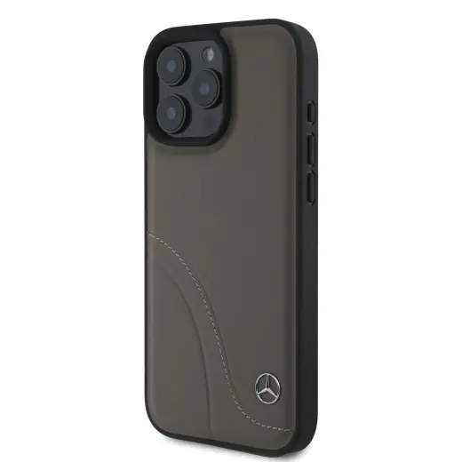Mercedes Curved Stitches Leather telefono dėklas, skirtas iPhone 16 Pro, rudas