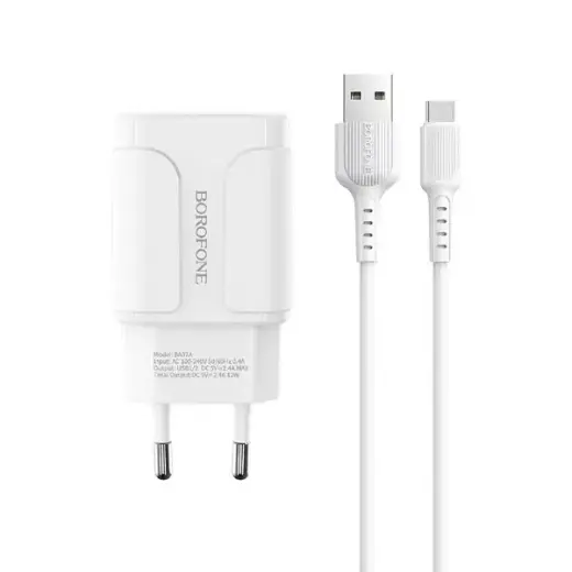 Borofone BA37A Универсальное Зарядное Устройство 2XUSB | 5V | 2.4A + Type-C Провод 1М Белое