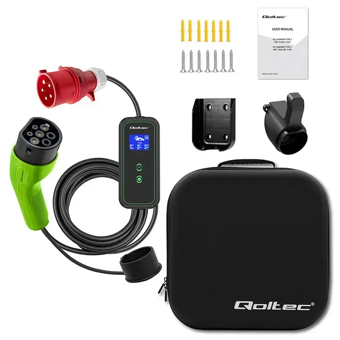 Qoltec Mobile EV charger with adjustable 2in1 Type2 | 11kW | CEE 32A | Wi-fi | LCD | 3 phase | Portable | Wallbox | 5m