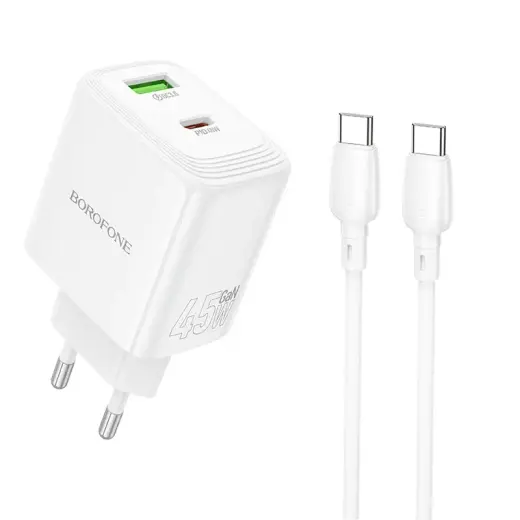 Borofone BN30 tīkla lādētājs | 45W | PD, QC, GaN | USB-C, USB-A | ar USB-C uz USB-C vadu komplektā | balts
