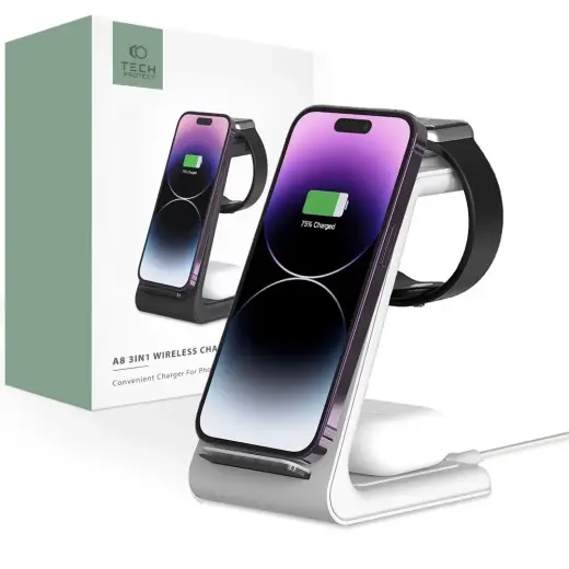 Tech-Protect A8 10W inductive charger in the form of a 3-in-1 stand for a smartphone | headphones | smartwatch - white