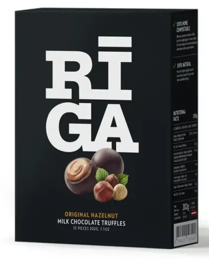 Piena šokolādes trifeles ar lazdu riekstu un cepumu krēma pildījumu "Rīga" 202g