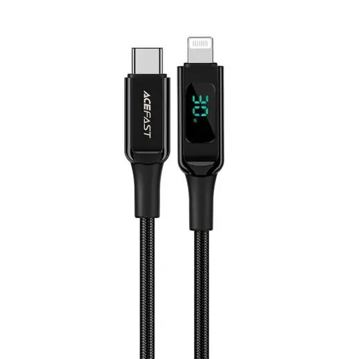 Acefast C6-01 datu pārraides un uzlādes vads | MFI | USB-C uz Lightning | 30W | ar LED ekrānu | 1.2m | melns