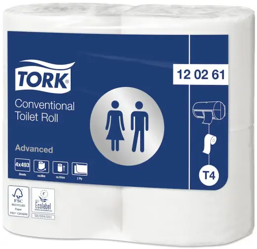 Tualetes papīrs TORK Advanced T4, 2 sl., 496 lapiņas rullī, 9.9 cm x 69.4 m, baltā krāsā, 4 gab./iepak.