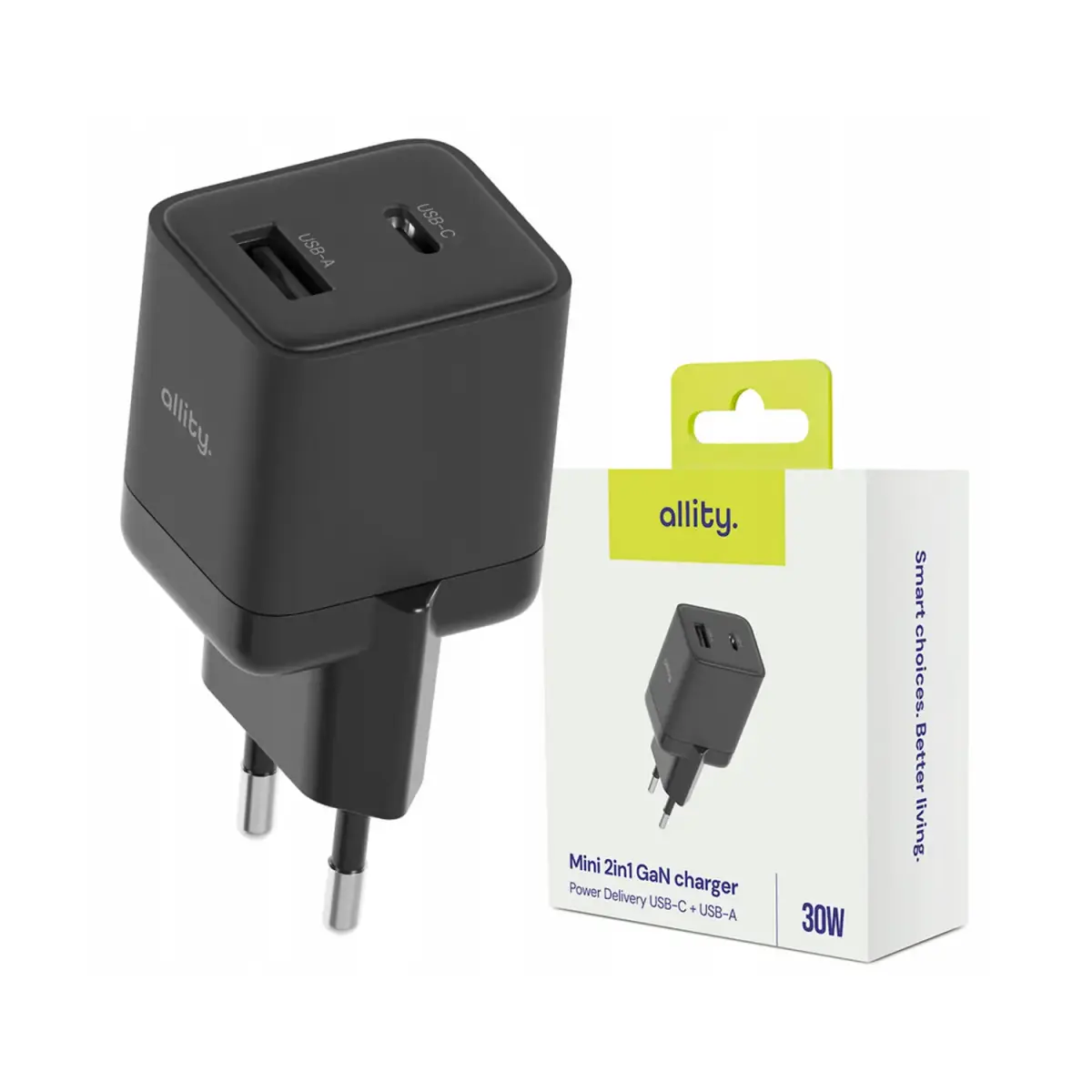 Allity wall charger GaN PD QC ATC-01-30WAC 1x USB-C 1x USB-A 30W black