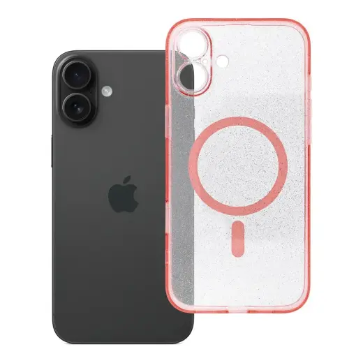 Case for iPhone 16 PLUS Clear Mag Cover compatible with MagSafe (camera protection) pink glitter