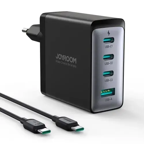 Joyroom JR-TCG04EU tīkla lādētājs | 100W | GaN | USB-C, USB-A | USB-C uz USB-C vads komplektā | melns