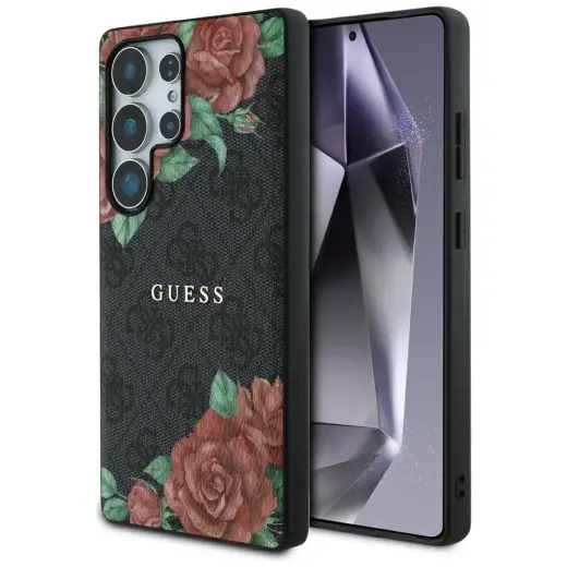Etui Guess Leather 4G Flowers Print       Metal Classic Logo MagSafe Samsung Galaxy S25 Ultra czarny