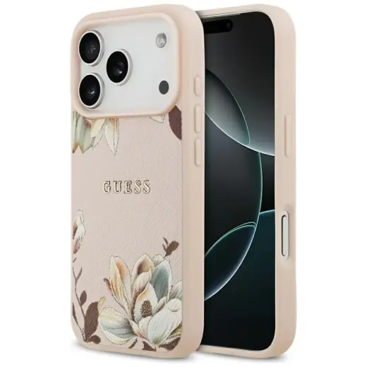 Guess Grained Flowers Classic Logo чехол с поддержкой MagSafe для телефона iPhone 17 Pro Max розовый