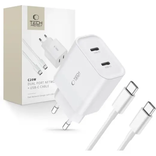 Tech-Protect C20W зарядное устройство | 20W | PD | USB-C | с проводом USB-C на USB-C в комплекте | белое