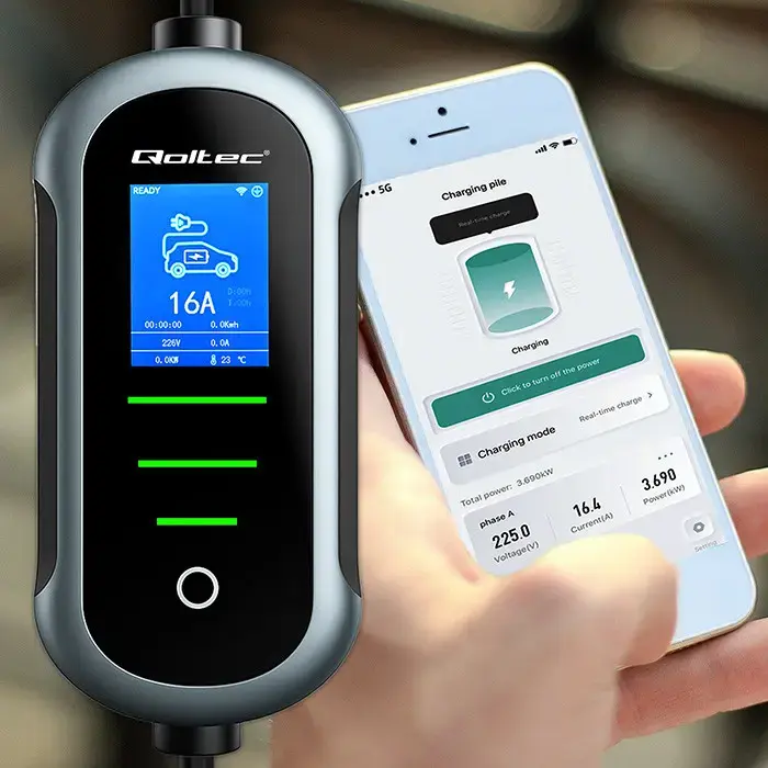 Qoltec Mobile EV Electric Car Charger with 2-in-1 Type 2 Adjustment | 11kW | 400V | CEE 32A | Wifi | TUYA | SMART LIFE | LCD | Portable | 5m