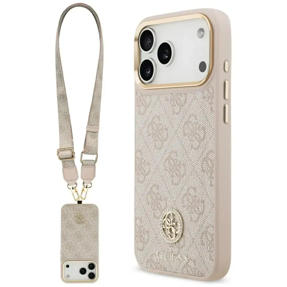 Case Guess 4G Strass Logo & Big Strap    Metal Buttons MagSafe for iPhone 17 Pro Max pink