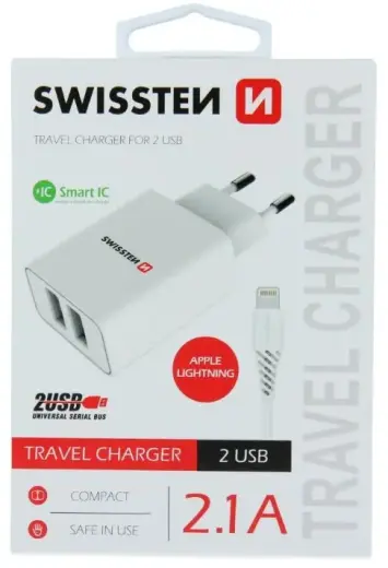 Swissten Smart IC travel charger | 2.1A | Lightning, USB-A | with Lightning cable | white