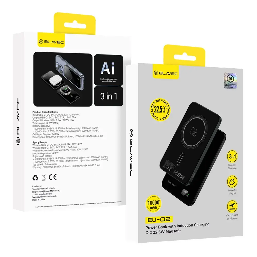 Blavec Power Bank 10000mAh BJ02 Slim 15mm - Type C - 22,5W magnetic Magsafe 3 in 1 (PBBJ02-MC10B) black