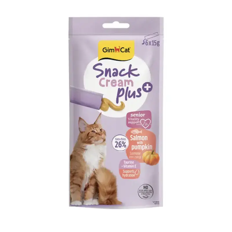 Gardumi kaķiem — GimCat SNACK CREAM + SALMON & PUMPKIN (SENIOR) 6 X 15 G