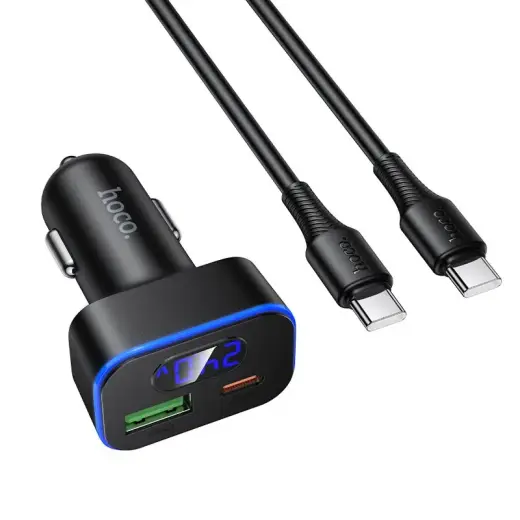 HOCO Z63B car charger | 30W | PD, QC | USB-C, USB-A | with USB-C to USB-C cable included | black
