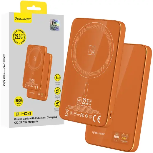 Blavec BJ-04 Ultra Slim 7,8mm (PBBJ04-MC5O) išorinė baterija (powerbank) | 5 000 mAh | 22.5W | USB-C, MagSafe | oranžinis