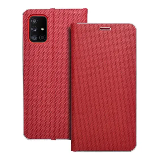 LUNA Book Carbon knyginio tipo telefono dėklas Samsung Galaxy A71 (A715) raudonas