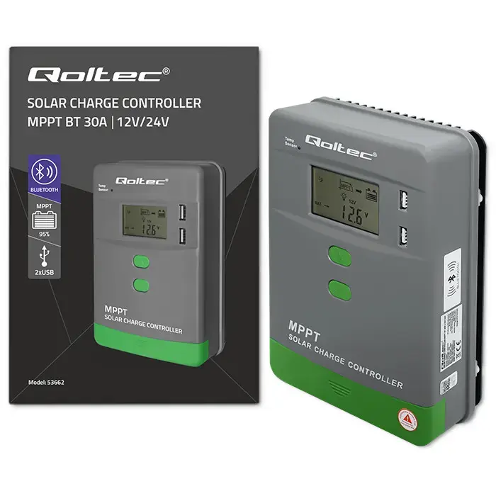 Qoltec Solar Charge Controller MPPT with Temperature Sensor 30A | 12V / 24V | LCD | 2 x USB | Bluetooth | APP | GEL | LiFePO4