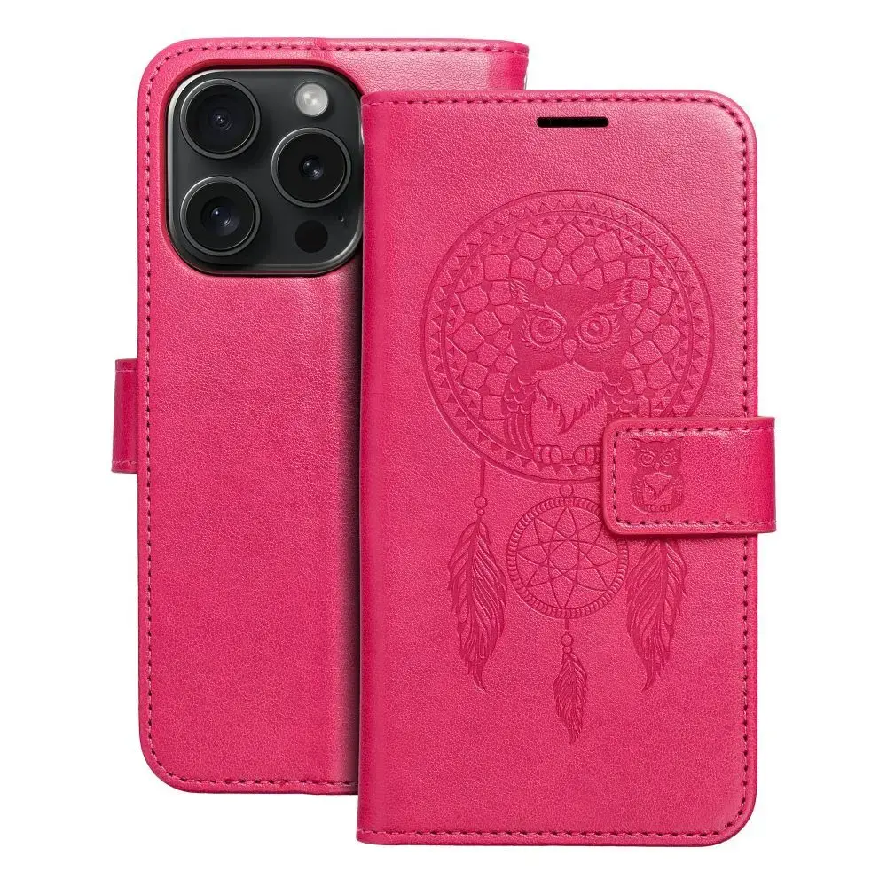 MEZZO dreamcatcher grāmatveida maciņš telefonam iPhone 15 Pro rozā