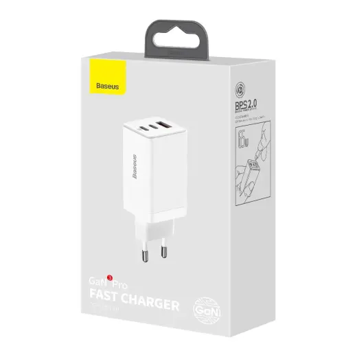 Baseus GaN3 Pro fast universal GaN charger 2 x USB Type C | USB + cable USB Type C - USB Type C 65W PD3.0, QC4.0 +, AFC white (CCGP050102)