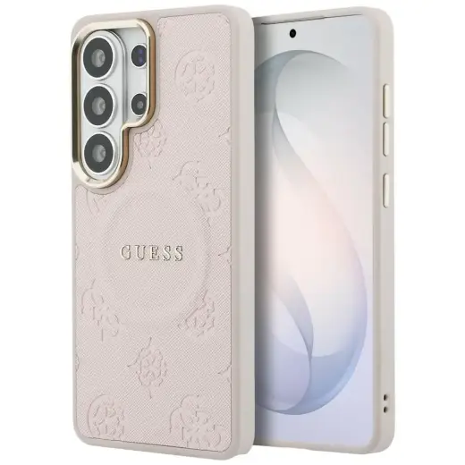 Guess Saffiano Peony Embossed telefoni ümbris alusega ja MagSafe toega ja Samsung Galaxy S26 Ultra (S948) roosa