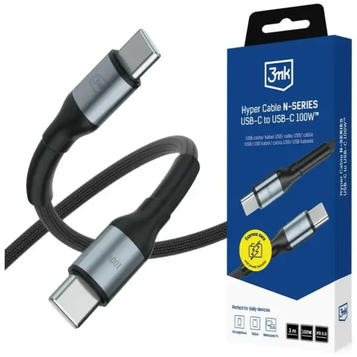 3mk Protection Hyper N-SERIES andmeedastus- ja laadimiskaabel | USB-C kuni USB-C | 100W | 3m | must