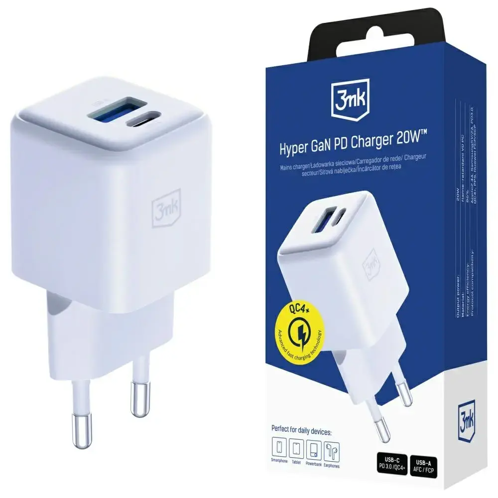 3MK Hyper GaN tīkla lādētājs | 20W | PD, QC4+ | USB-A, USB-C | balts