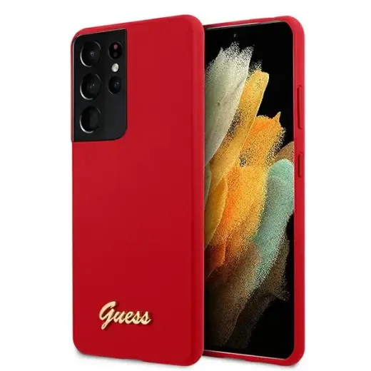 GUHCS21LLSLMGRE Guess Silicone Metal Logo Script Cover for Samsung Galaxy S21 Ultra Red