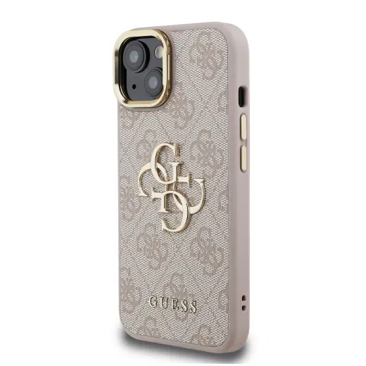 Guess PU 4G Metal Logo Stand Camera Frame telefona maciņš iPhone 13 Pink