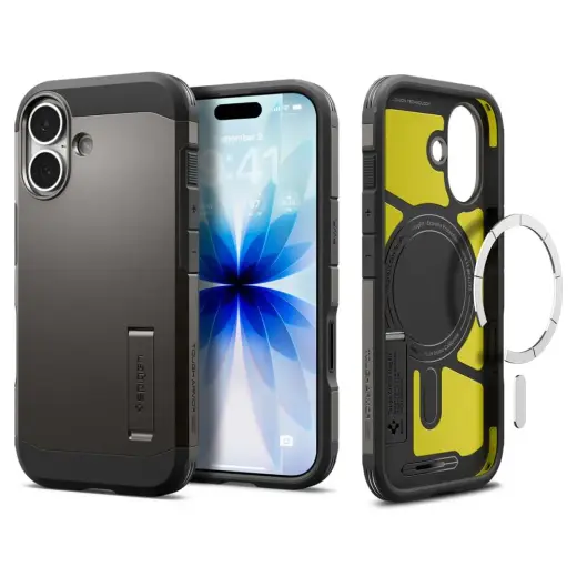 Spigen Tough Armor "T" phone case with stand and MagSafe support for Apple iPhone 17 gray
