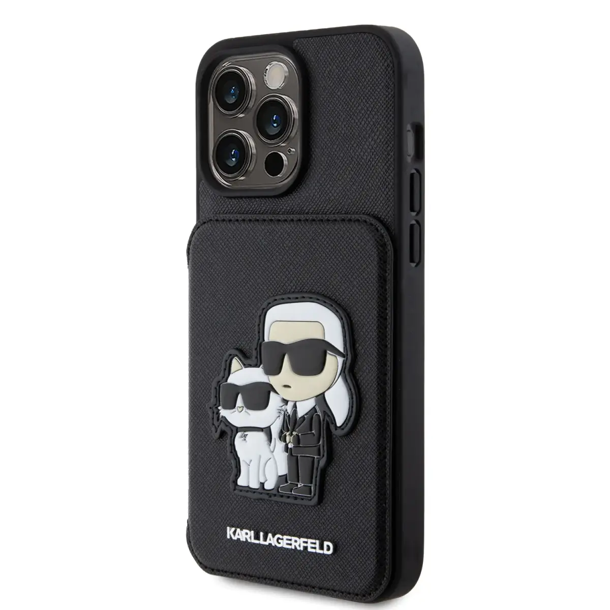 Karl Lagerfeld PU Saffiano Card Slot Stand Karl and Choupette Case for iPhone 15 Pro Max Black