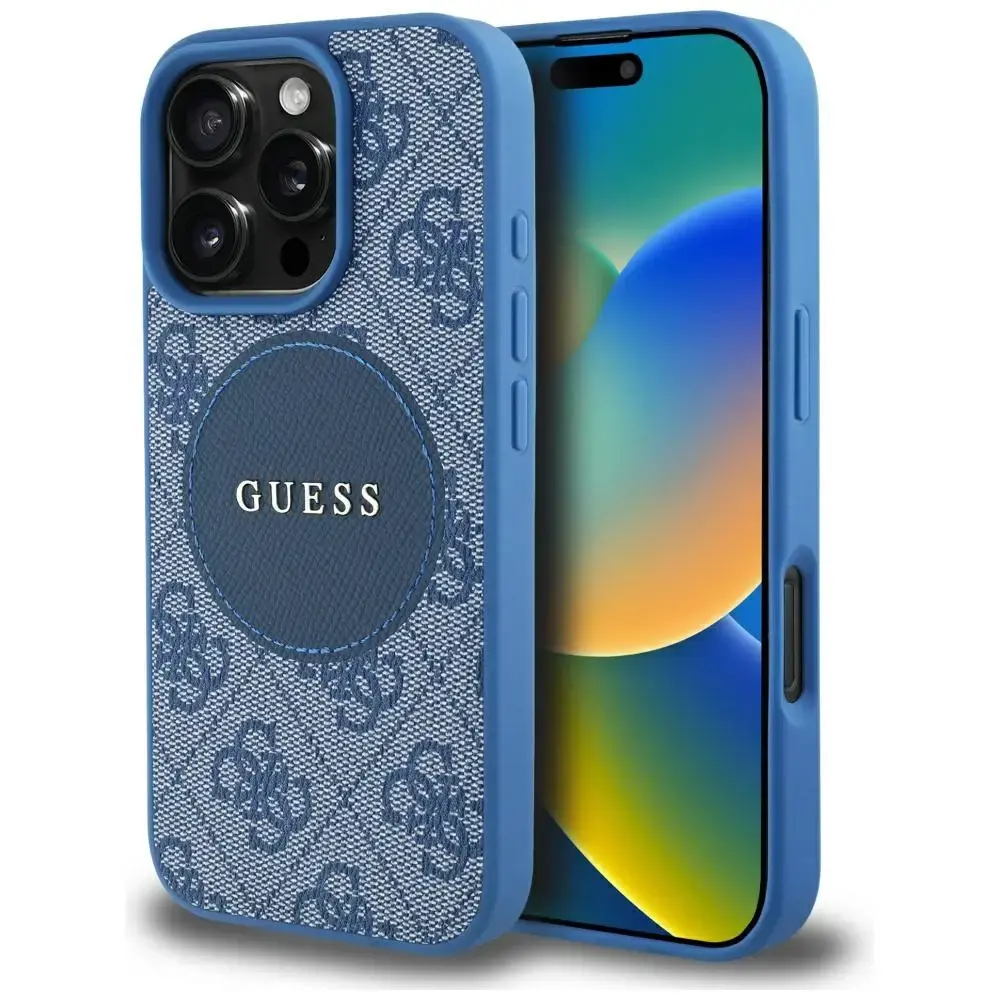 Guess Circle Classic Logo telefona maciņš priekš iPhone 16 Pro zils ar MagSafe atbalstu