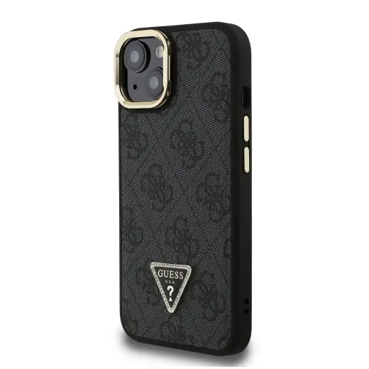 Guess PU 4G Strass Triangle Logo Stand Camera Frame MagSafe Case for iPhone 13 Black