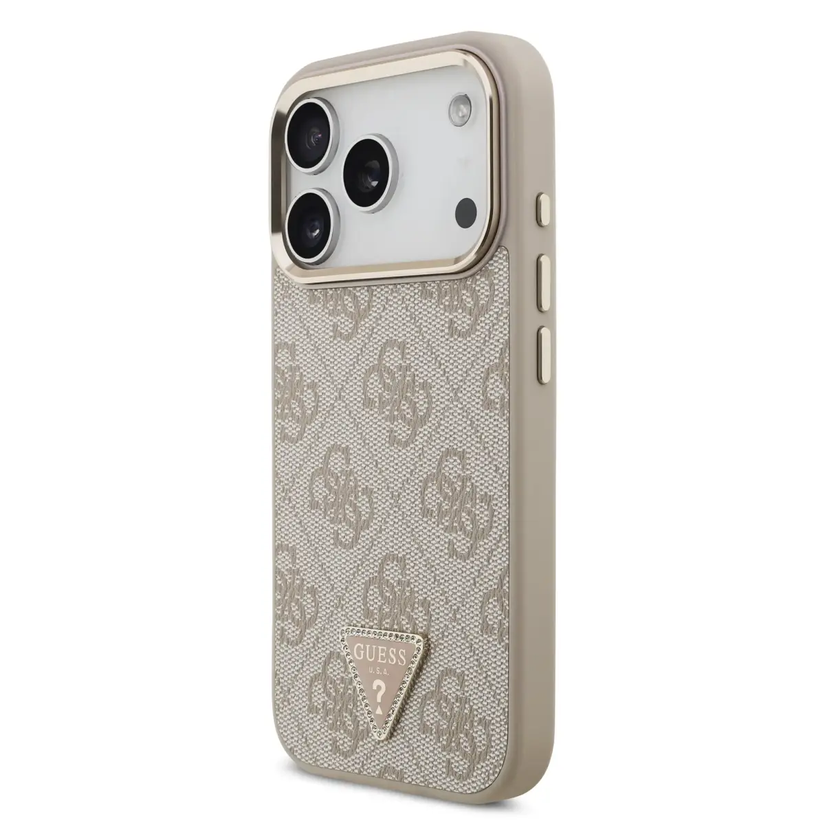 Guess PU Leather 4G Strass Triangle Logo Gold Frame MagSafe Case for iPhone 17 Pro Pink